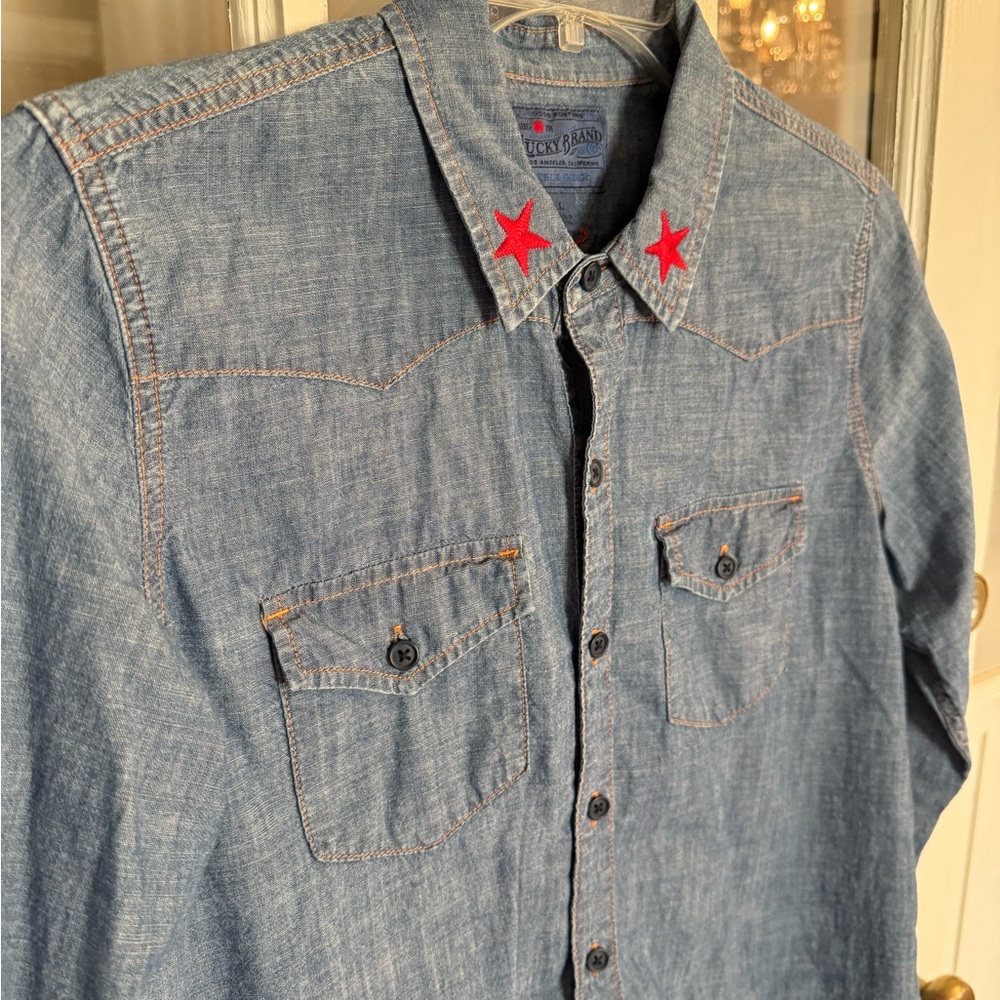 Lucky Brand Embroidered Blue Denim Shirt Vintage L